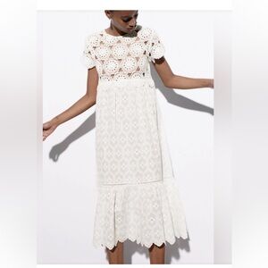 Zara White Crochet Midi Dress with Eyelet Detail